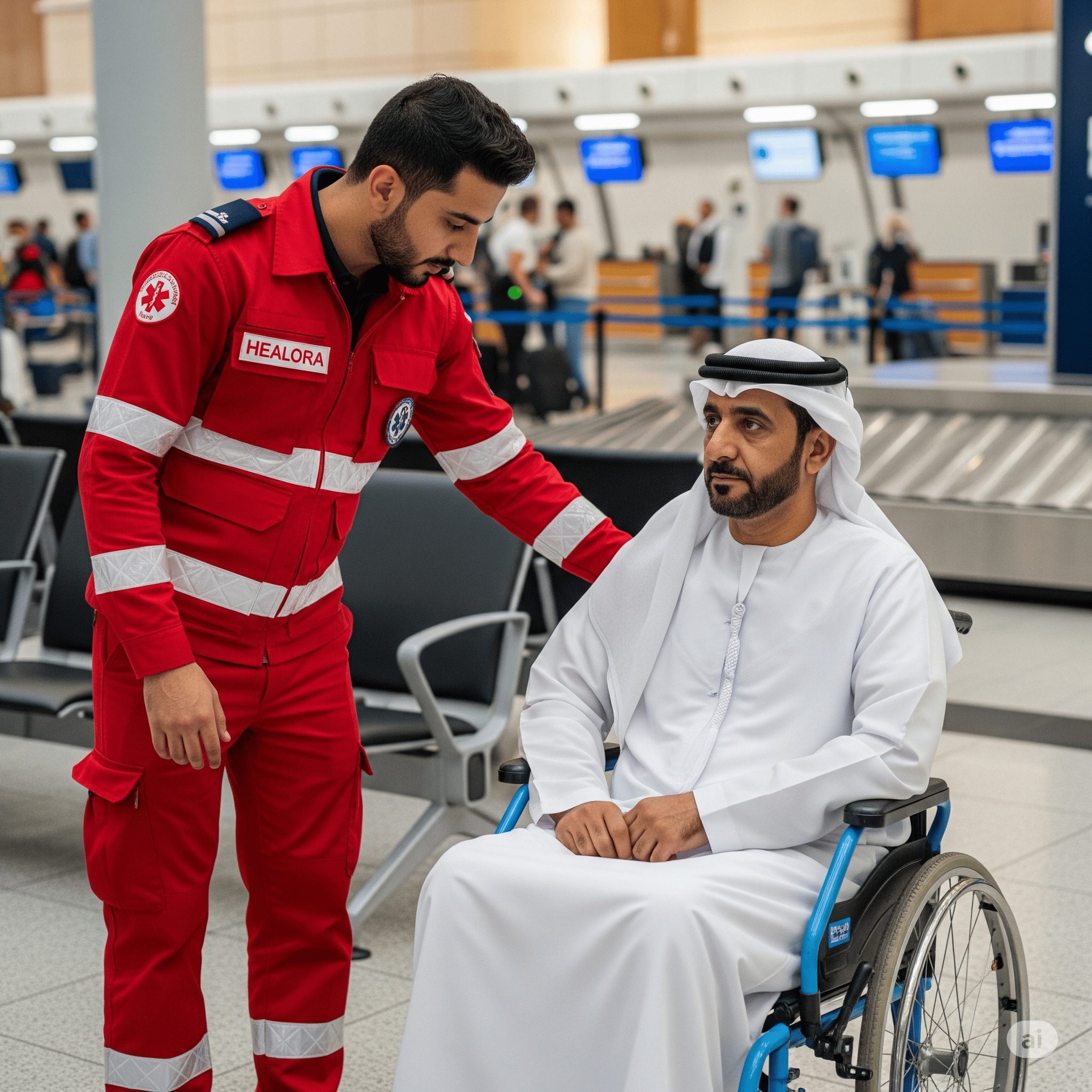 medical escort providing home care assistance to an Arabic patient in a wheelchair