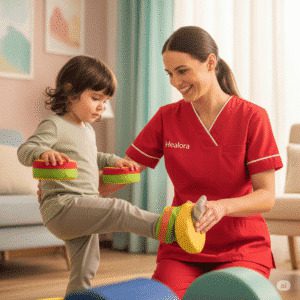 Physiotherapist providing home care physiotherapy to a young child