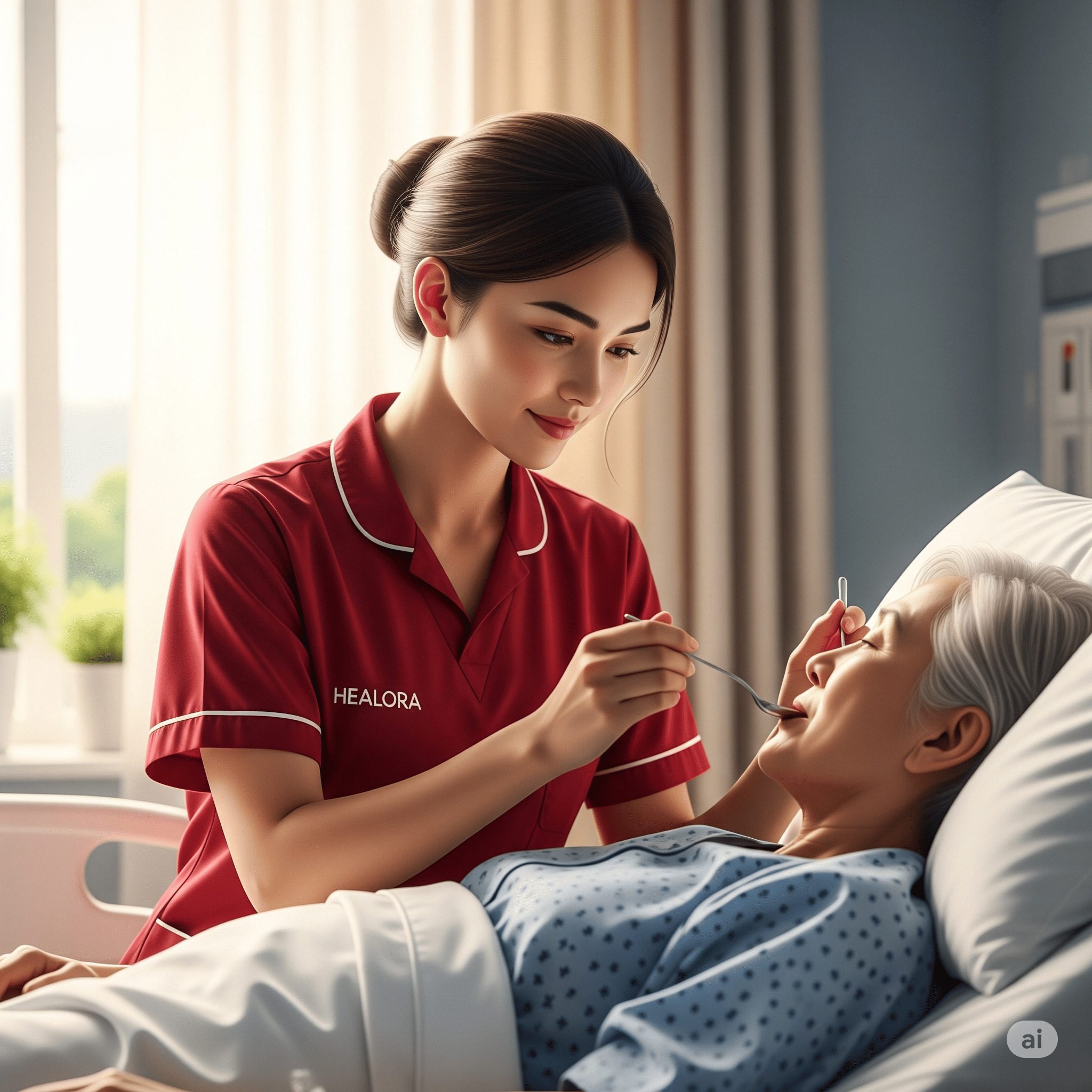 home care nurse helping patient with feeding