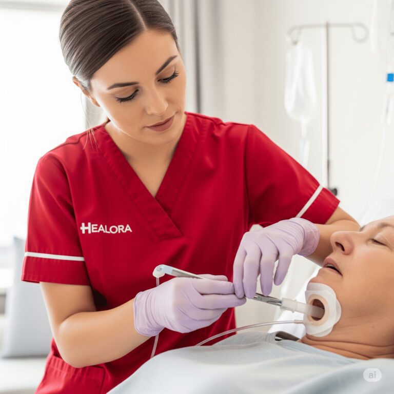 home care nurse performing tracheostomy care for patient