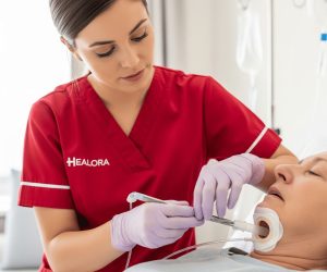 home care nurse performing tracheostomy care for patient